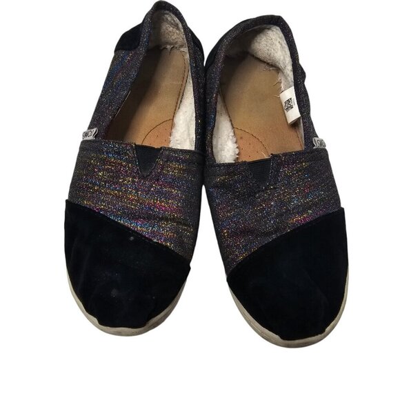 TOMS Classics Black Metallic Velvet Flats Sparkly Sherpa Lined size 4.5 - Picture 1 of 9